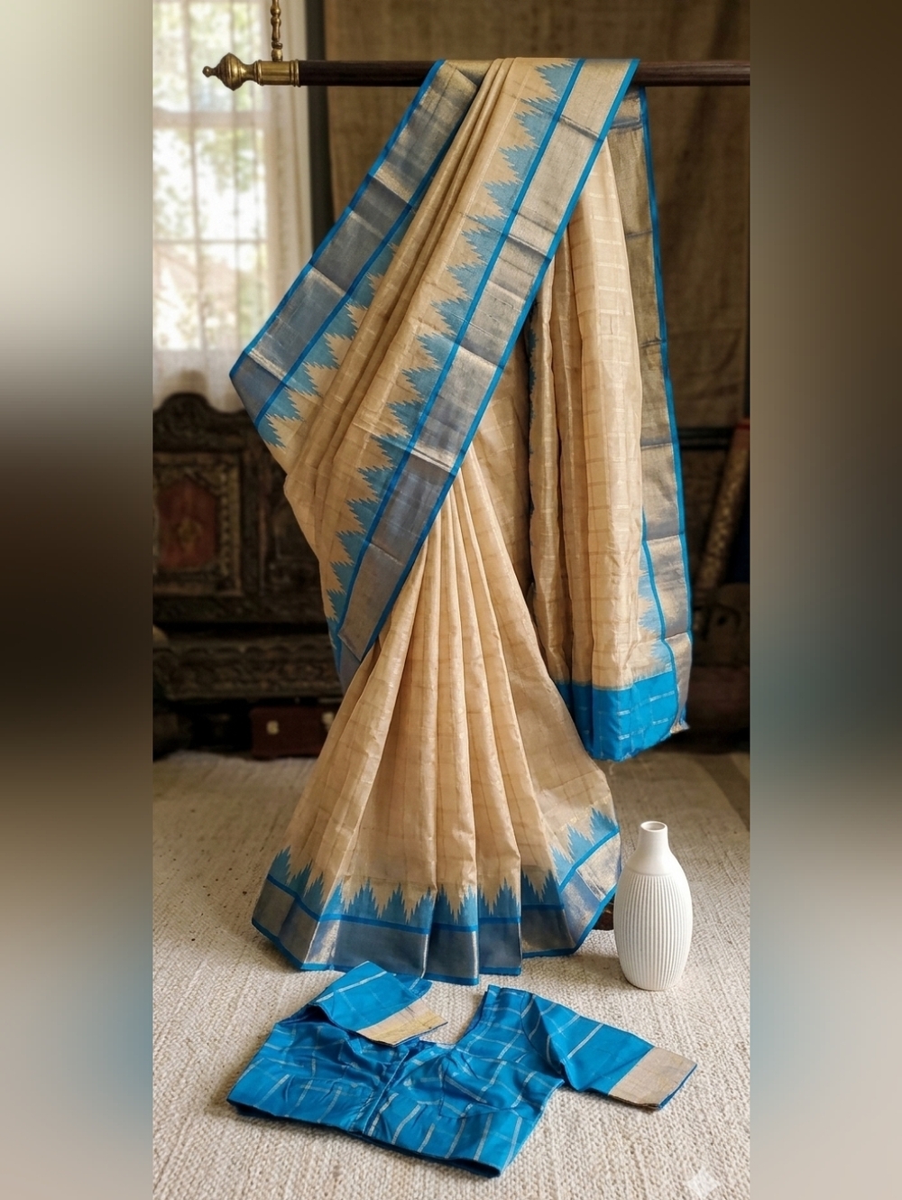 NEW Women Pure Silk Gadwal Saree Beige Blue Checkered Handloom Festive NYOT